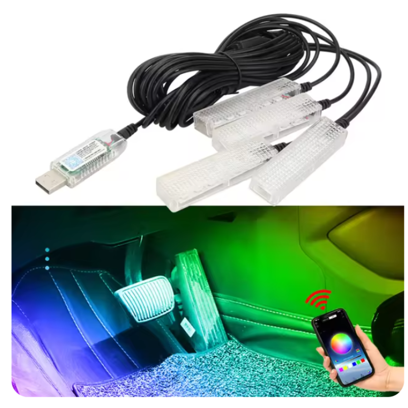 Автомобільне RGB-підсвічування салону з керуванням через застосунок (4 шт, USB, LONG124) - Раціональний вибір для авто